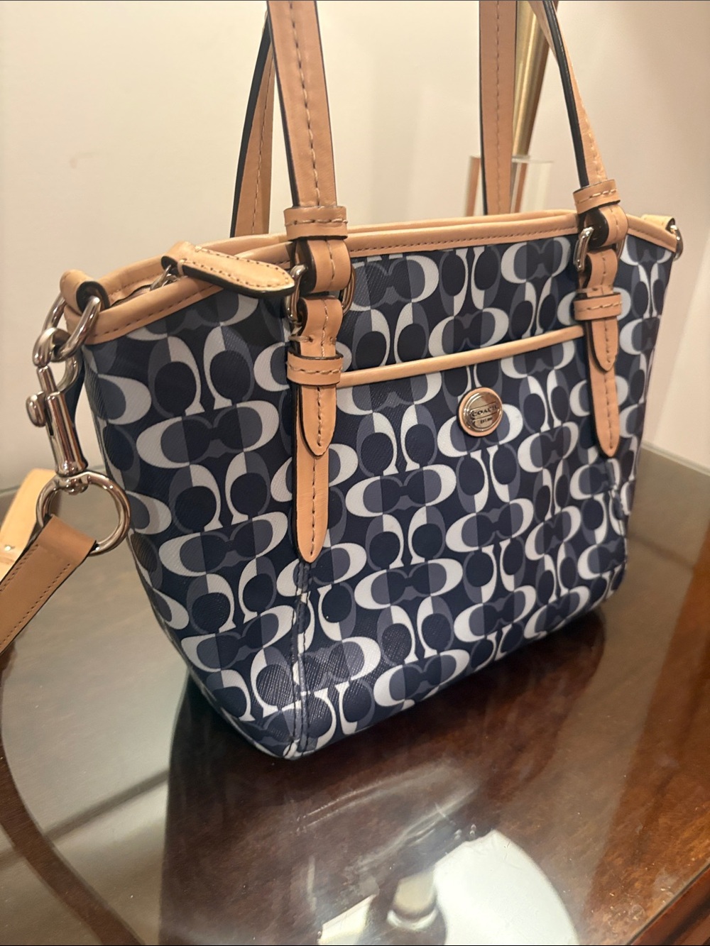 Coach Navy and Black Signature Small Tote with Tan Leather Trim - Picture 8 of 16